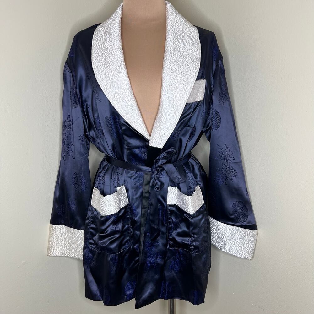 Handmade Oriental Robe L/XL Women Blue Satin Japanese Ethnic Belted Asian Lounge